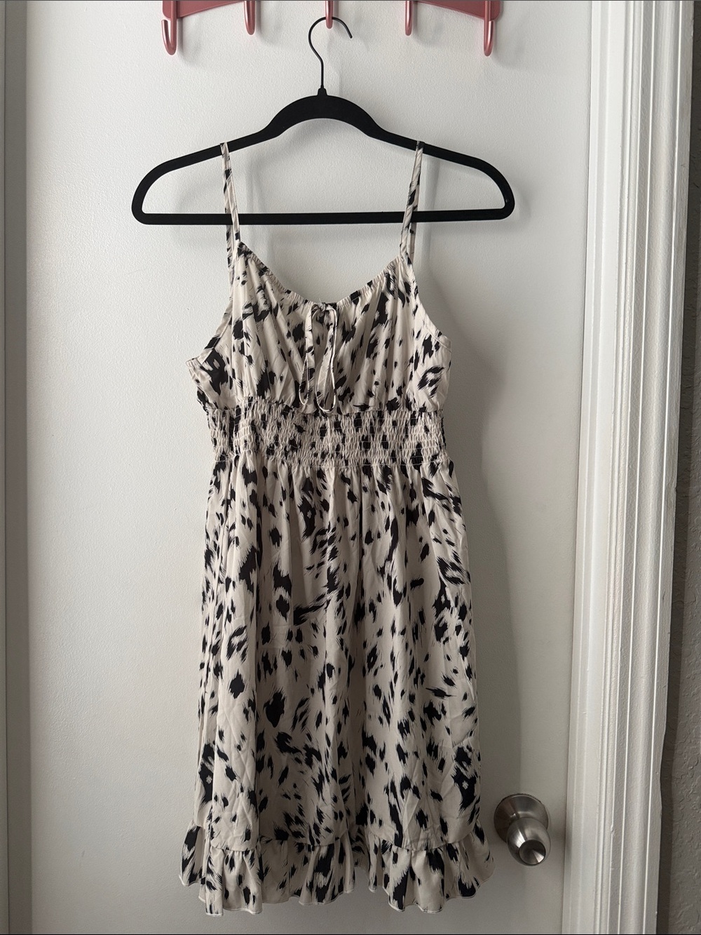 SHEIN Black and Cream Printed Smocked Mini Dress